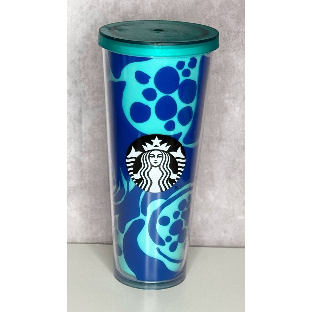 Starbucks Tumbler 24 oz Mint Teal Blue Abstract Swirl Dots 2014 W/lid No Straw